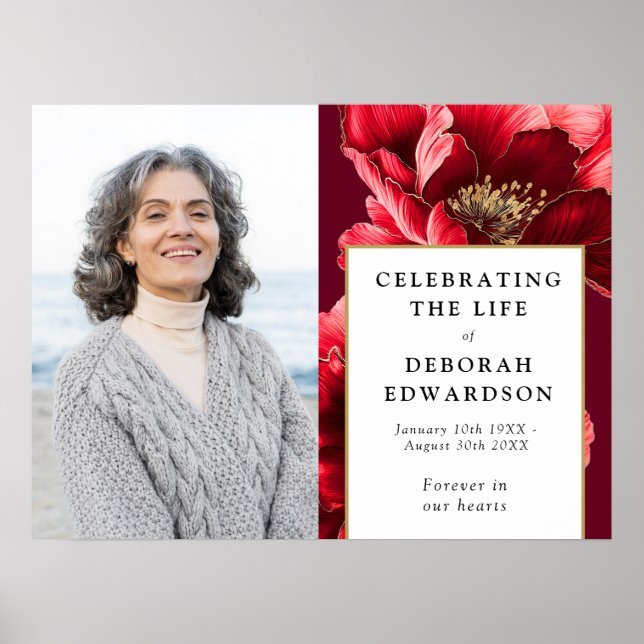 Red Blommigt Funeral Firande of Life Photo Sign Poster (Framsidan)