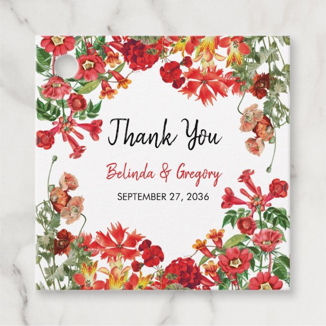 Red Blommigt Garden Botanical Flowers Bröllop Gåvor Etiketter (Framsida)