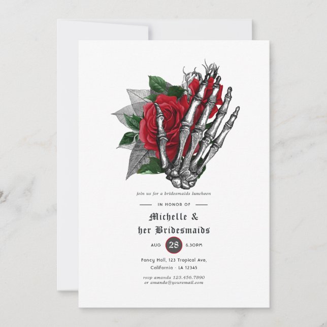 Red Blommigt Gothic Döskallars Bridesmaids Luncheo Inbjudningar (Framsida)
