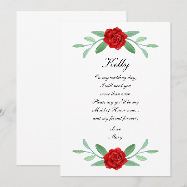 Red Blommigt Greenery Foliage Maid of honor Card Inbjudningar (Fram/baksida)