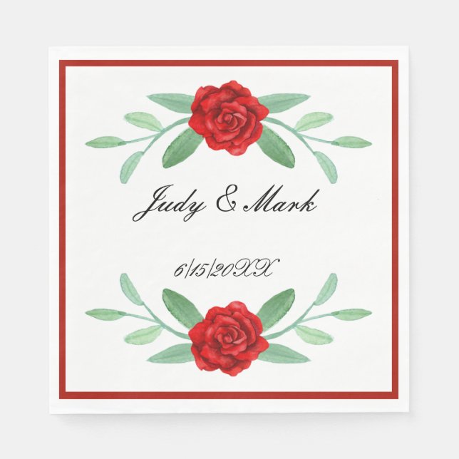 Red Blommigt Greenery Foliage Papper Napkins Pappersservett (Framsidan)