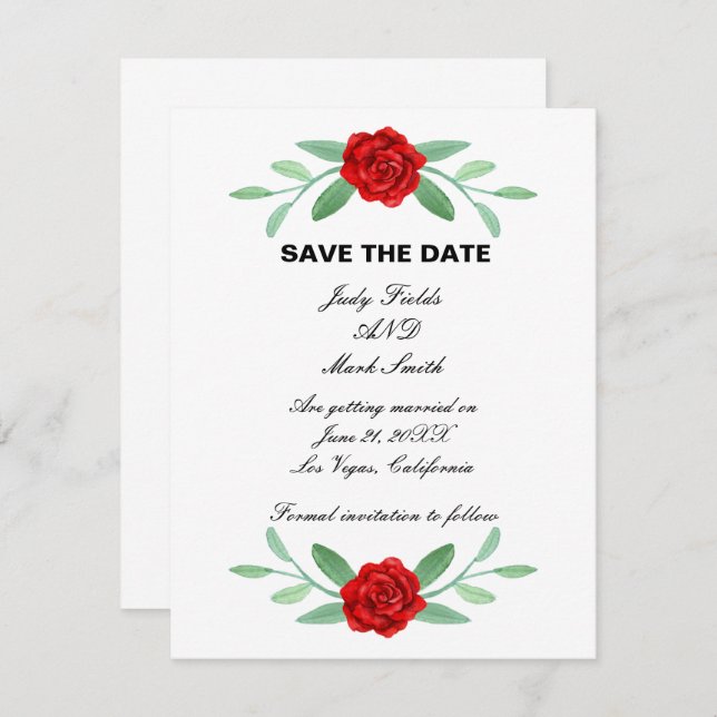Red Blommigt Greenery Foliage Save Date Card Meddelande (Fram/baksida)