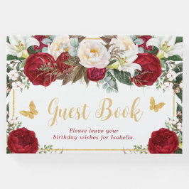 Red Blommigt Guld Butterflies Photo Quinceañera Gästböcker