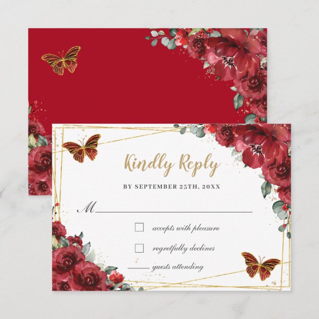 Red Blommigt Guld Butterflies Quinceañera Reply OSA Kort (Fram/baksida)