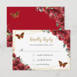 Red Blommigt Guld Butterflies Quinceañera Reply OSA Kort