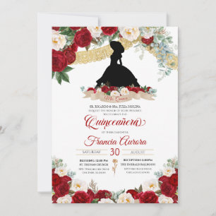 Red Blommigt Guld Elegant Charro Quince Birthday Inbjudningar