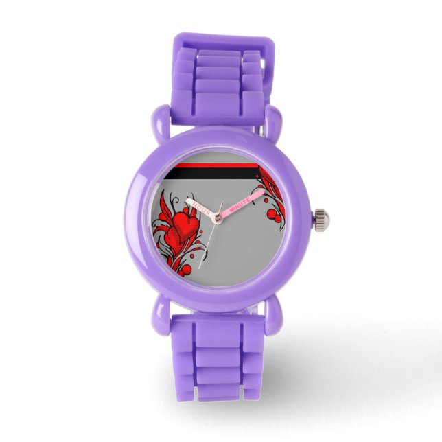 Red Blommigt Heart Watches Armbandsur (Framsida)