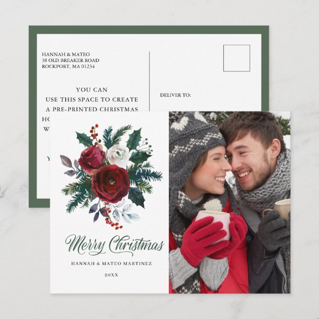 Red Blommigt Holly Photo jul Helgdag Vykort (Fram/baksida)