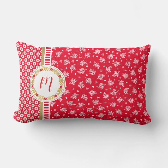 Red Blommigt Jul Monogram Lumbar Pillow Lumbarkudde (Framsida)