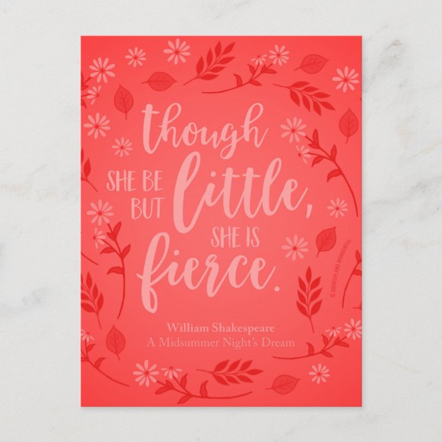Red Blommigt Little but Fierce William Shakespeare Vykort (Framsida)