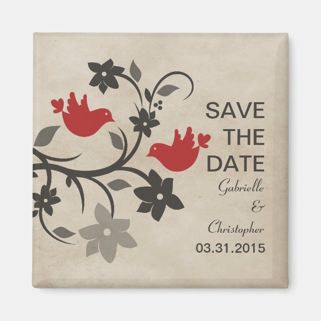 Red Blommigt Lovebird Spara datum magneter (Framsidan)