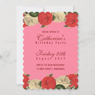 Red Blommigt on Rosa Birthday Investigation Inbjudningar