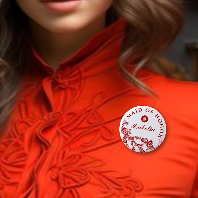 Red Blommigt Peacock Asian Bröllop Maid of honor Knapp (MAID OF HONOR Red Boho Peacock Double Happiness Chinese Wedding Pin Button @ fatfatin_red_knot)