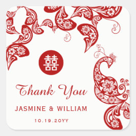 Red Blommigt Peacock Dubbla Happity Asian Bröllop Fyrkantigt Klistermärke