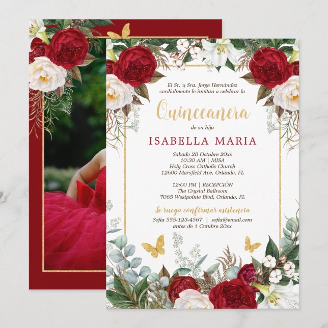 Red Blommigt Photo Quinceanera Inbjudan på spanska (Fram/baksida)