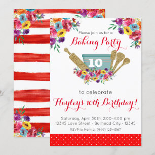 Red Blommigt Pioneer Baking Party Girl Birthday Inbjudningar