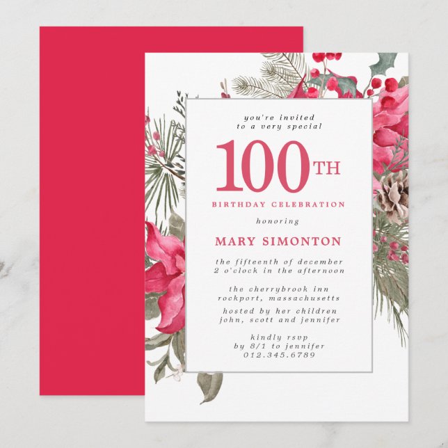 Red Blommigt Poinsettia 100:e Födelsedagsfestens i Inbjudningar (Fram/baksida)