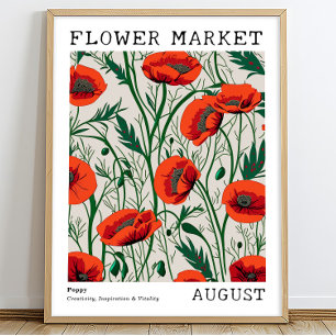Red Blommigt Poppy August Bird Flower Market Poster