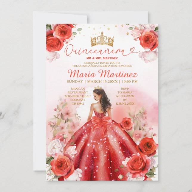 Red Blommigt Princess Dress Guld Krona Quinceañera Inbjudningar (Framsida)