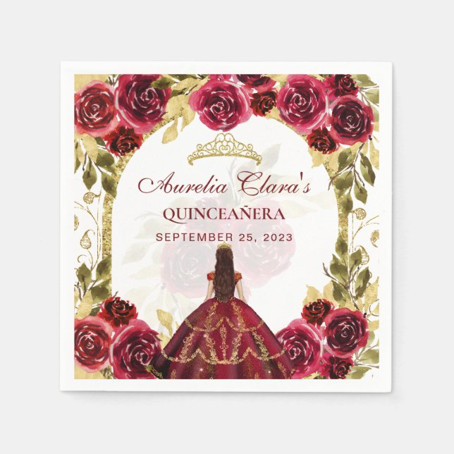 Red Blommigt Princess Guld Arch Quinceanera Pappersservett (Framsidan)