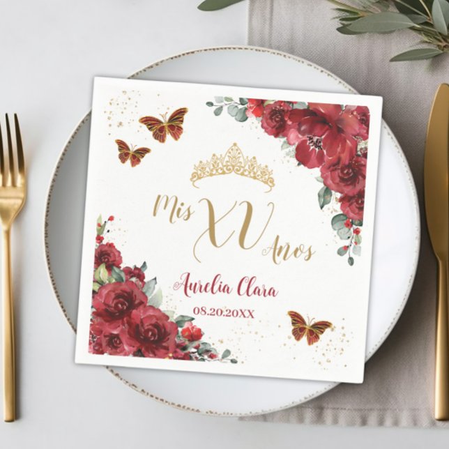 Red Blommigt Quinceanera Birthday Guld Butterflies Pappersservett (Skapare uppladdad)