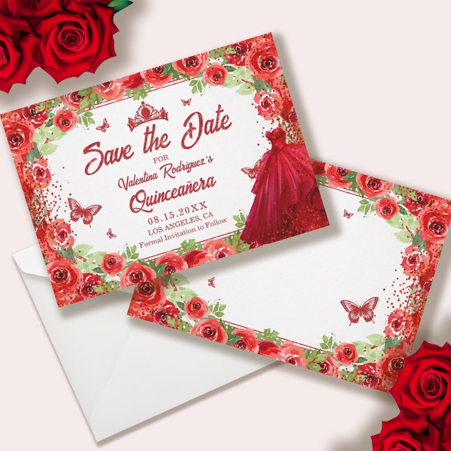 Red Blommigt Quinceanera Krona Spara datum Datumet (Red Floral Quinceanera Crown Save the Date)