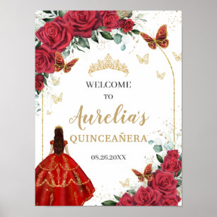 Red Blommigt Quinceañera Princess Guld Butterflies Poster