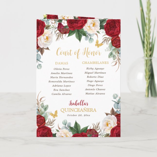 Red Blommigt Quinceanera Princess Padrinos Event Program (Baksida)