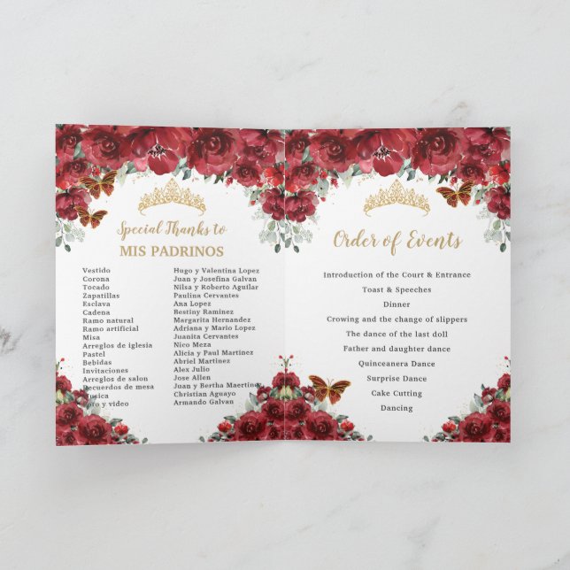Red Blommigt Quinceanera Princess Padrinos Events Program (Inuti)