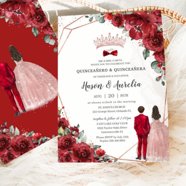 Red Blommigt Ro Guld Twillingars Boy Girl Quinceañ Inbjudningar (Skapare uppladdad)