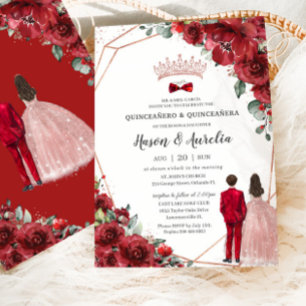 Red Blommigt Ro Guld Twillingars Boy Girl Quinceañ Inbjudningar