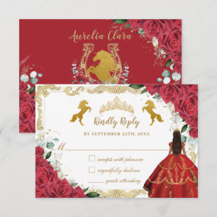 Red Blommigt Ro Quinceañera Charro Guld Horse Shoe OSA Kort