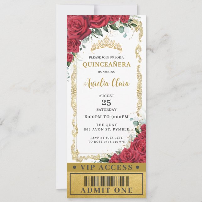 Red Blommigt Ro Quinceañera Sweet 16 VIP Biljett Inbjudningar (Framsida)