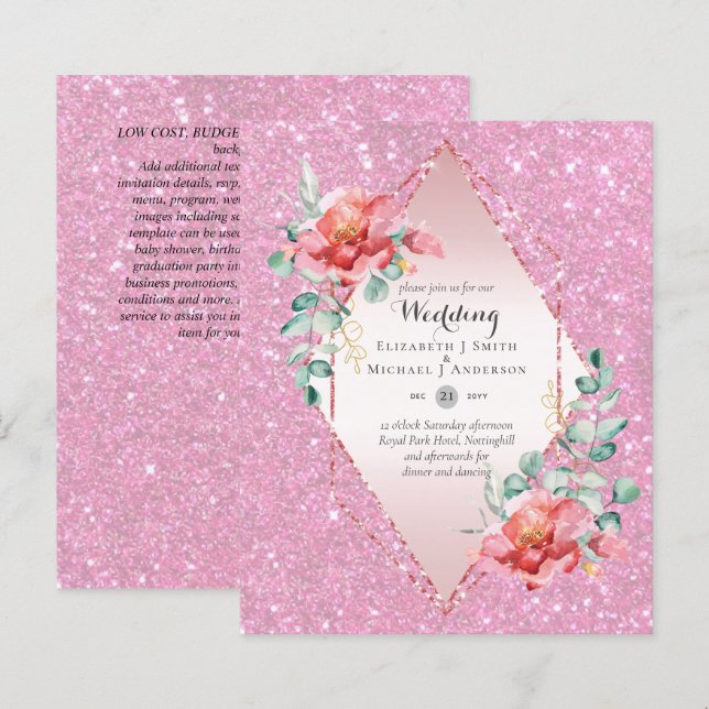 Red Blommigt RoseGold Glitter Bröllop (Fram/baksida)