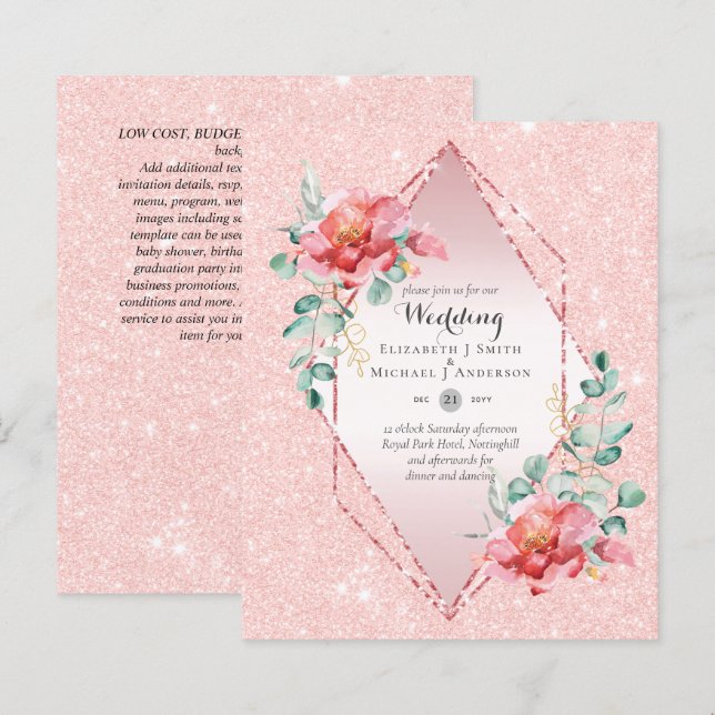 Red Blommigt RoseGold Glitter Bröllop (Fram/baksida)