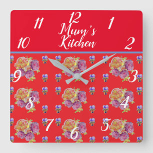 Red Blommigt Shabby chic Rosor Ro Morsa Kitchen Sq Fyrkantig Klocka