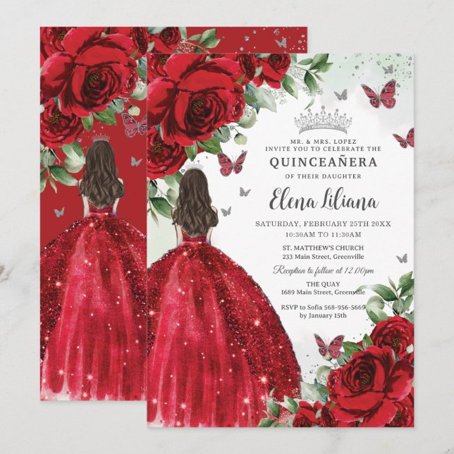 Red Blommigt Silver Butterflies Quinceañera Sweet  Inbjudningar (Fram/baksida)