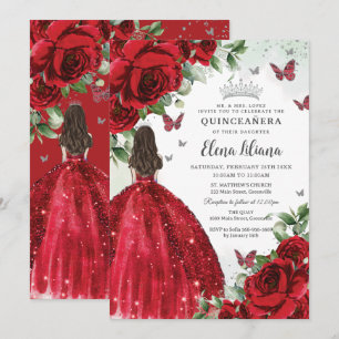 Red Blommigt Silver Butterflies Quinceañera Sweet Inbjudningar