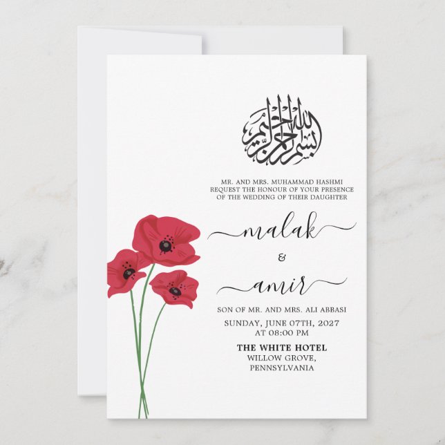 Red Blommigt Simple Black Islamic Bröllop Inbjudningar (Framsida)