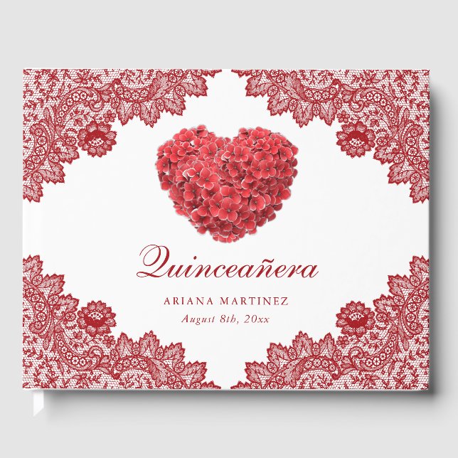 Red Blommigt Snöre Rustic 15:e födelsedagen Quince Gästböcker (Framsida)