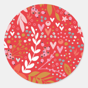 Red Blommigt Söt Helgdag Sticker Runt Klistermärke