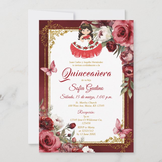 RED Blommigt Spain Cute Girl Quinceañera Butterfly Inbjudningar (Framsida)