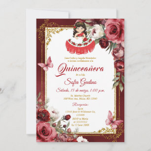 RED Blommigt Spain Cute Girl Quinceañera Butterfly Inbjudningar