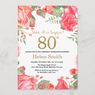 Red Blommigt Surprise 80 Birthday Guld Glitter Inbjudningar