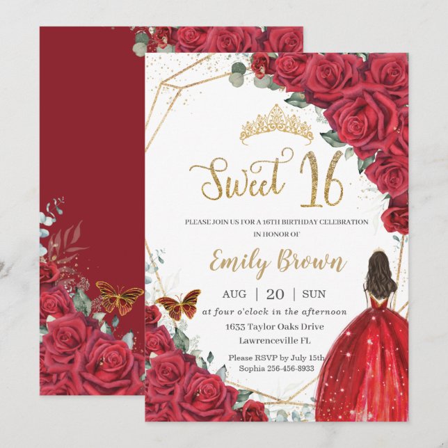 Red Blommigt Sweet sixteen Birthday Princess Krona Inbjudningar (Fram/baksida)