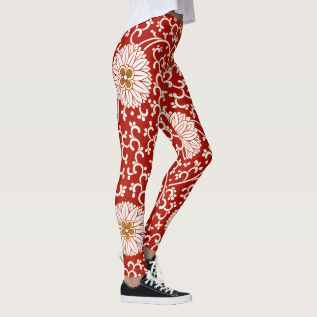 Red Blommigt Vibrant Ornate Classic Mönster Leggings (Höger)