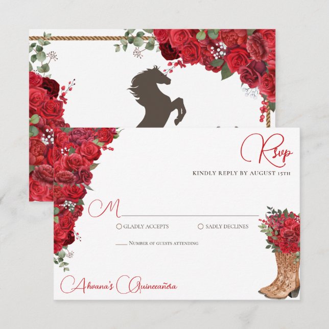 Red Blommigt Western Charro Quinceañera OSA Kort (Fram/baksida)