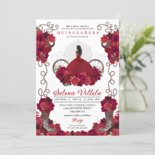 Red Blommigt Western Cowgirl Boots Quinceanera Inbjudningar