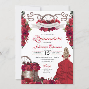 Red Blommigt Western Ranchero Quinceanera Inbjudningar