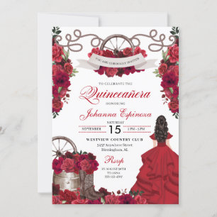 Red Blommigt Western Ranchero Quinceanera Inbjudningar